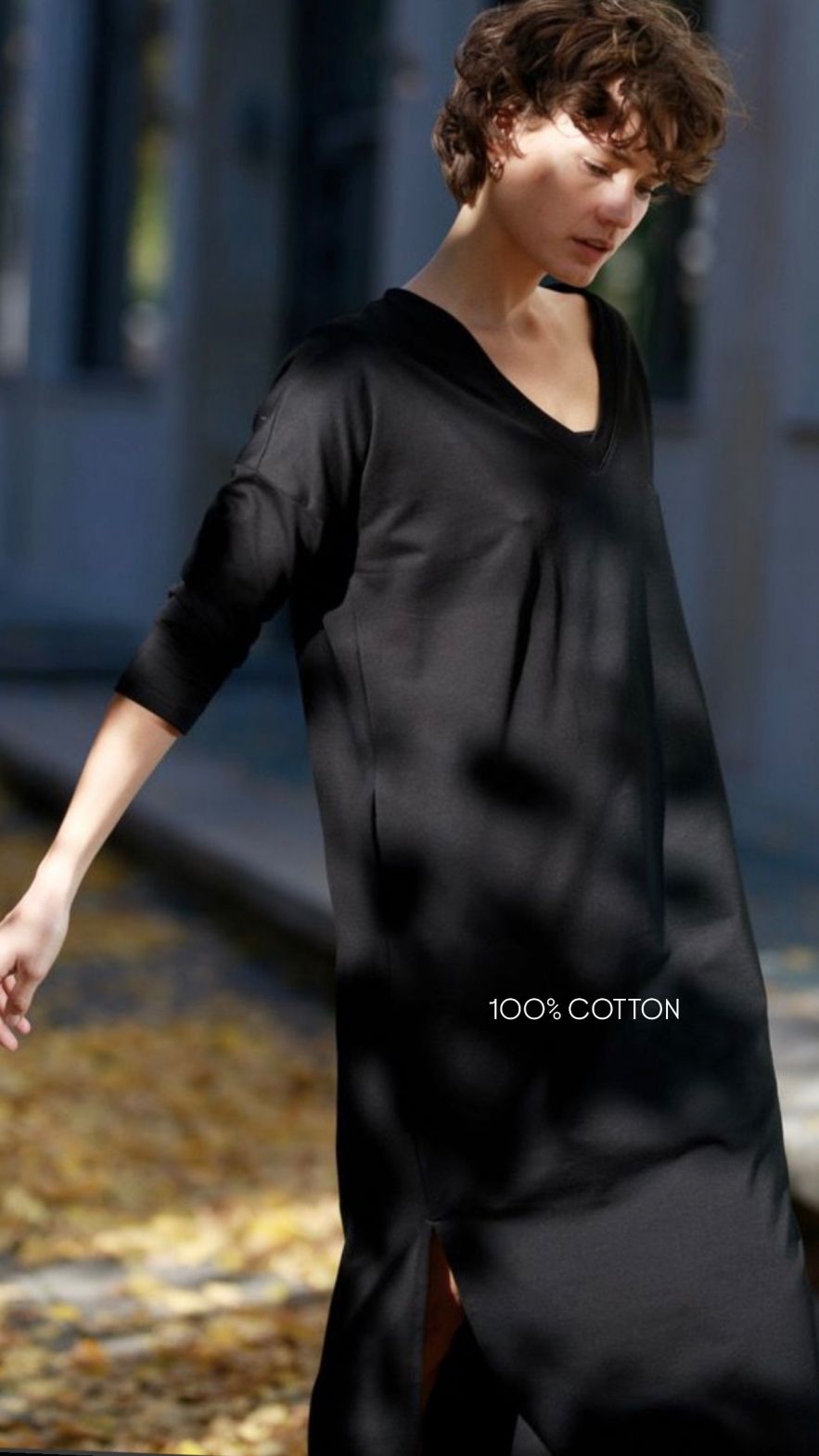 Bawełniana czarna dresowa wygodna sukienka BASIC dluższa midi z paskiem i dekoltem V