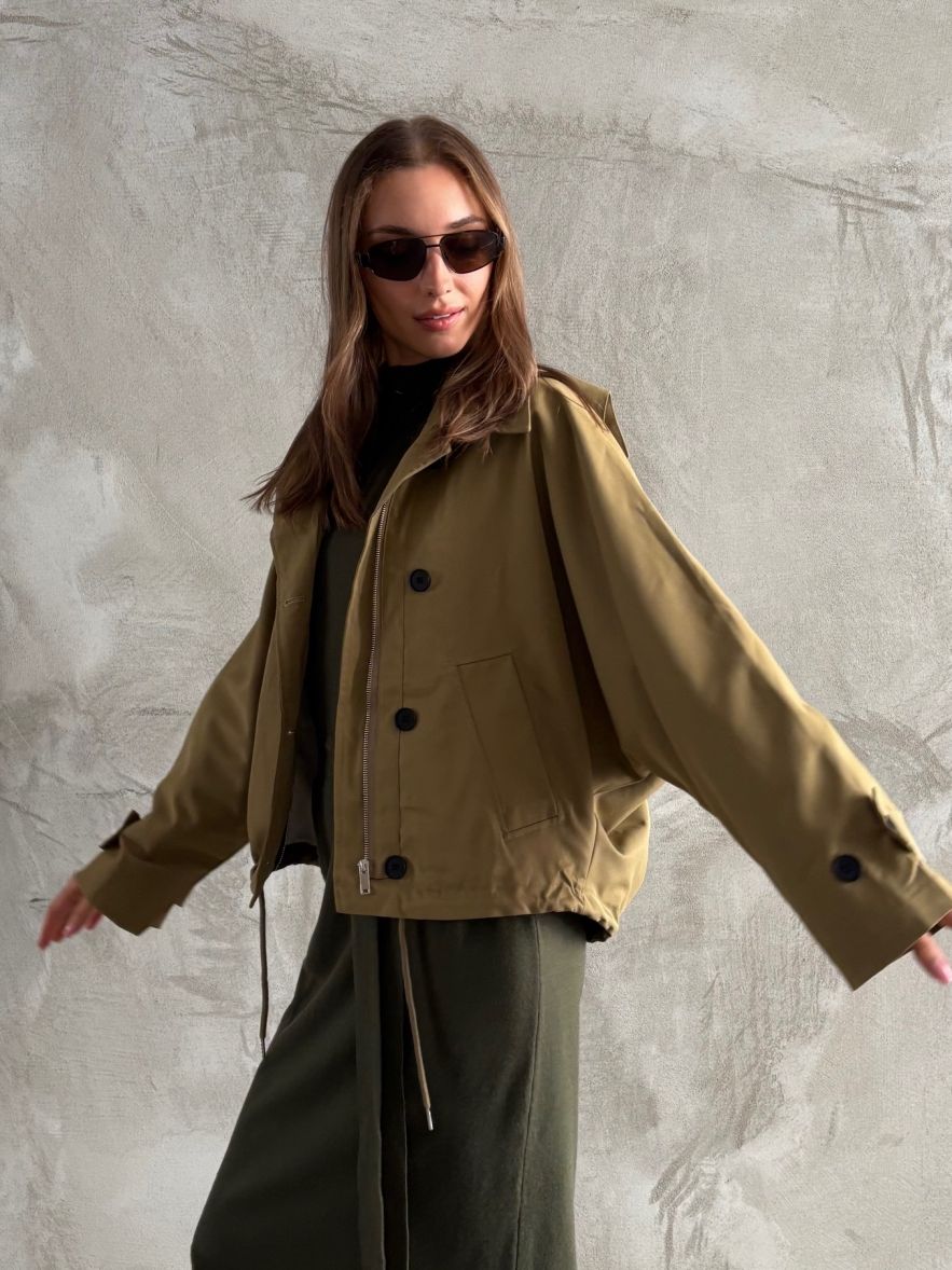 Lekka bawełniana zielonkawa khaki Kurtka oversize z kapturem 