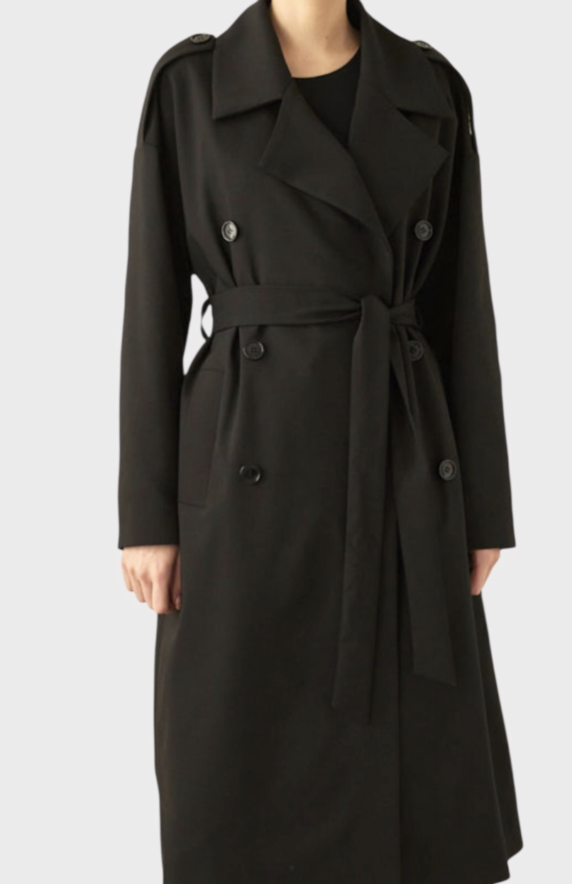 Czarny bawełniany płaszcz prochowiec trencz z pagonami z paskiem i podszewką wiskozową