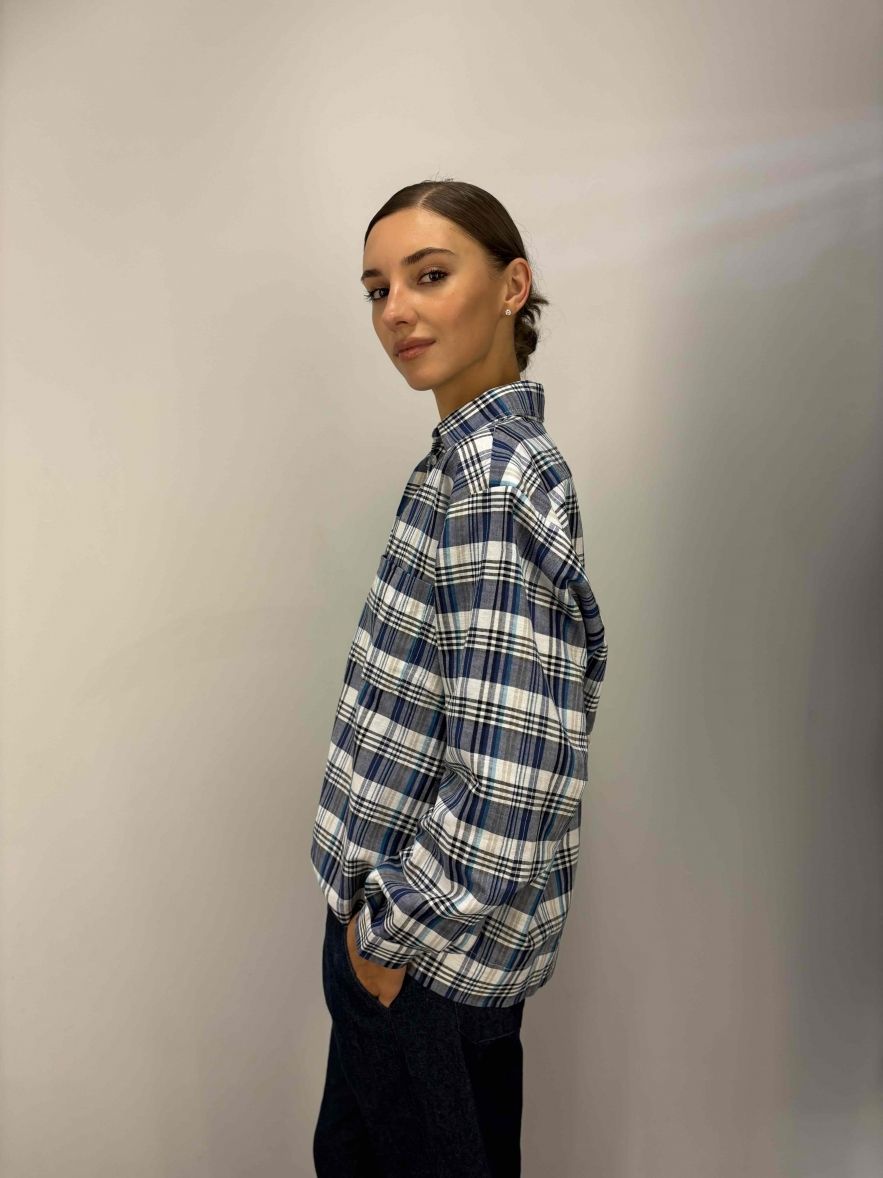 Koszula w kratkę granatowo niebiesko biała MY STYLE z LNU 100%