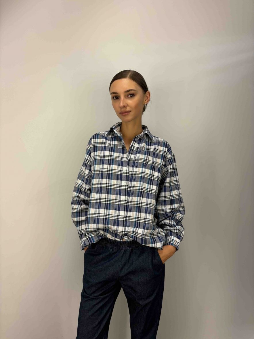 Koszula w kratkę granatowo niebiesko biała MY STYLE z LNU 100%