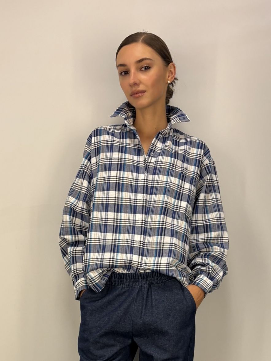 Koszula w kratkę granatowo niebiesko biała MY STYLE z LNU 100%