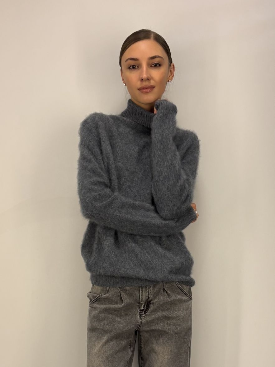 Szary sweter premium z golfem wyjątkowo miękki niegryzący szlachetny skład 100% kaszmir 