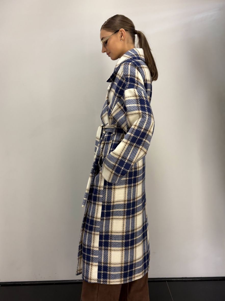 Płaszcz Wełniany Kind of Magic granatowo beżowa krata