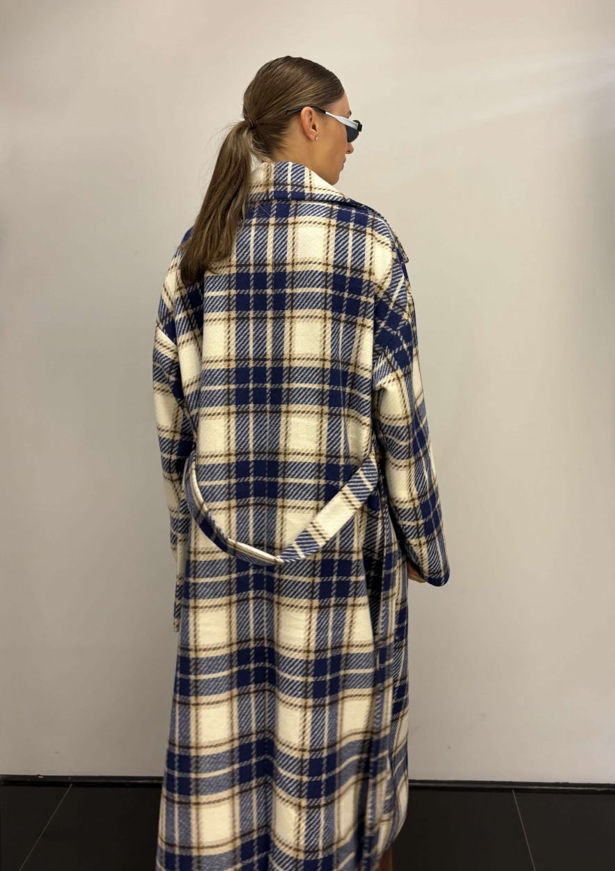 Płaszcz Wełniany Kind of Magic granatowo beżowa krata