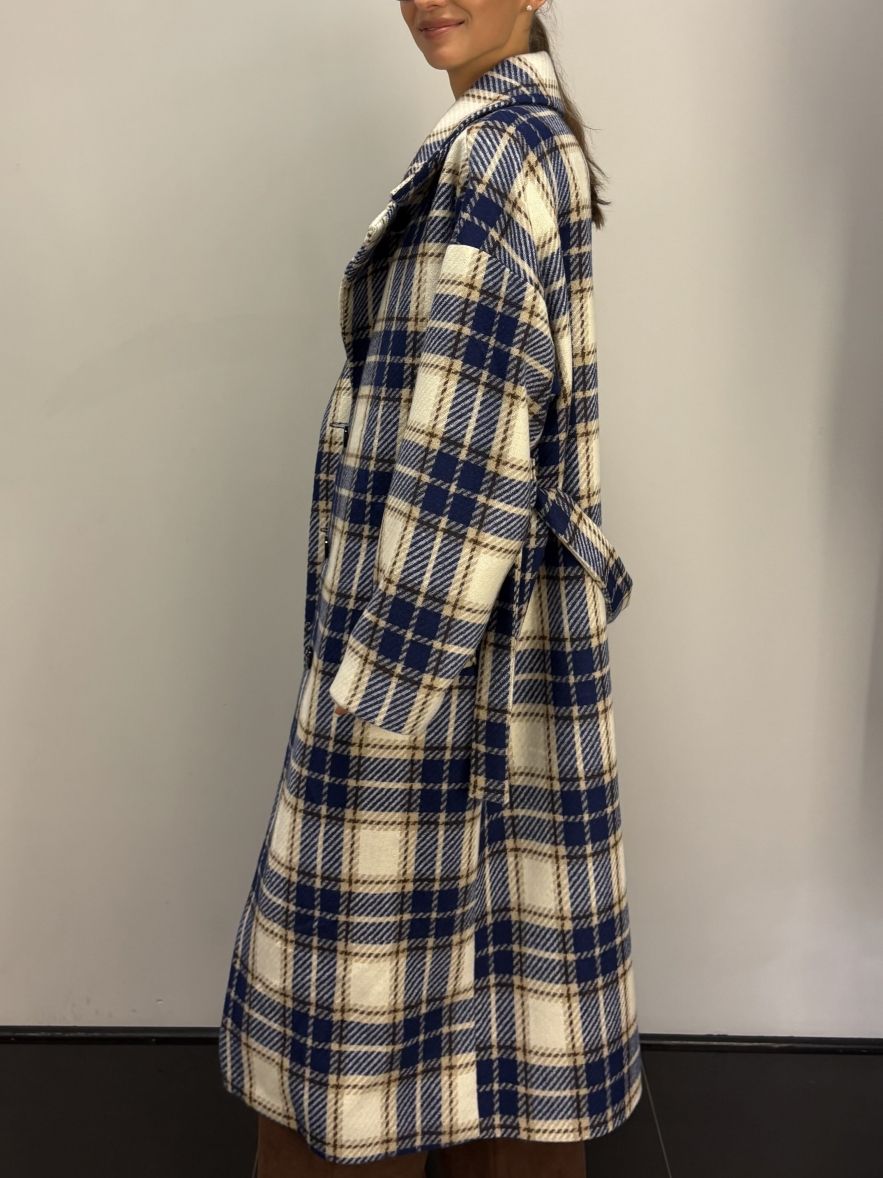 Płaszcz Wełniany Kind of Magic granatowo beżowa krata