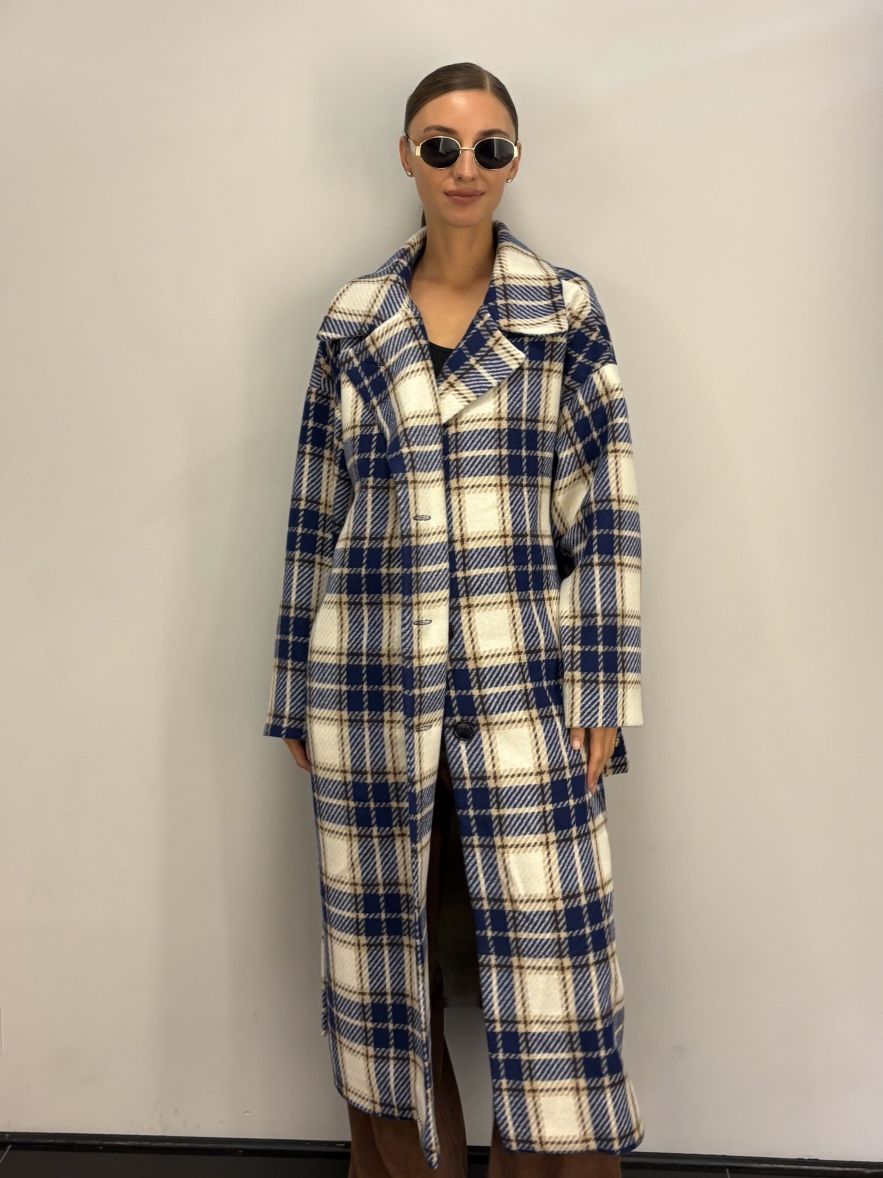 Płaszcz Wełniany Kind of Magic granatowo beżowa krata