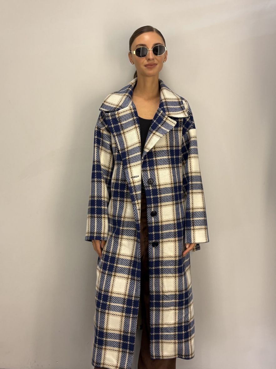 Płaszcz Wełniany Kind of Magic granatowo beżowa krata