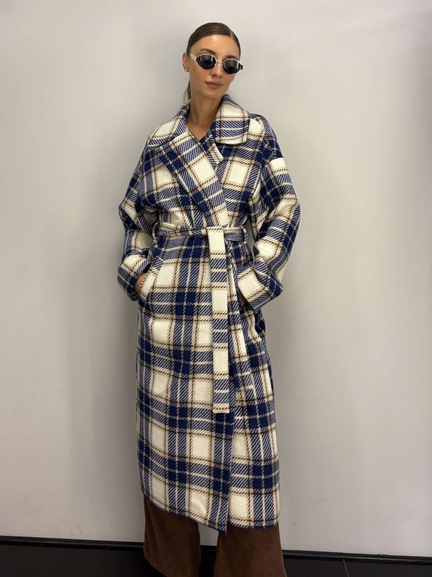 Płaszcz Wełniany Kind of Magic granatowo beżowa krata