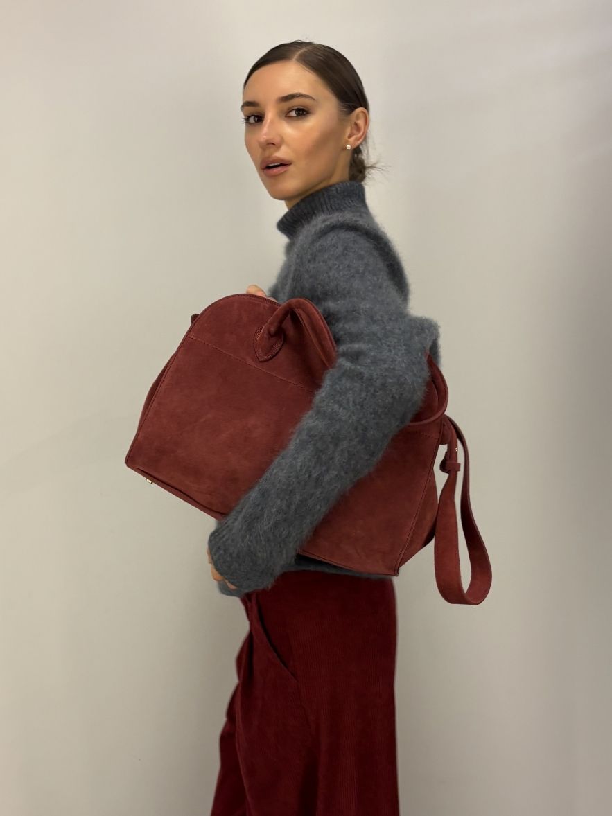 Duża Torba zamszowa bordowo burgundowa z rączkami i długim paskiem 100% skóra naturalna