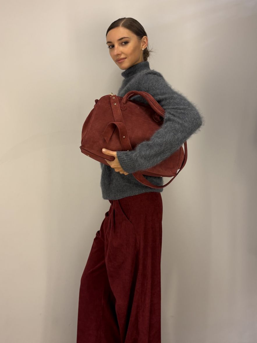 Duża Torba zamszowa bordowo burgundowa z rączkami i długim paskiem 100% skóra naturalna