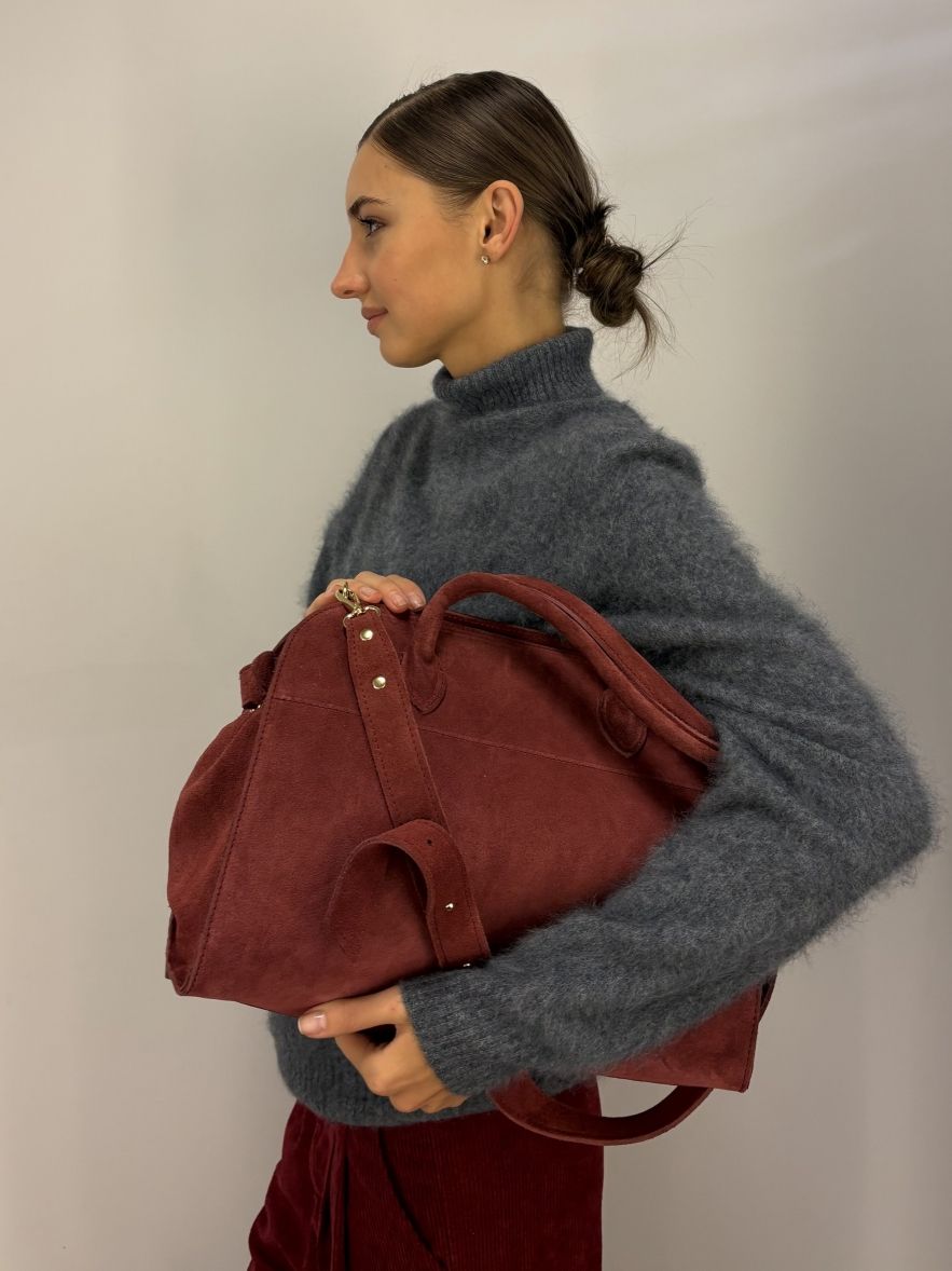 Duża Torba zamszowa bordowo burgundowa z rączkami i długim paskiem 100% skóra naturalna