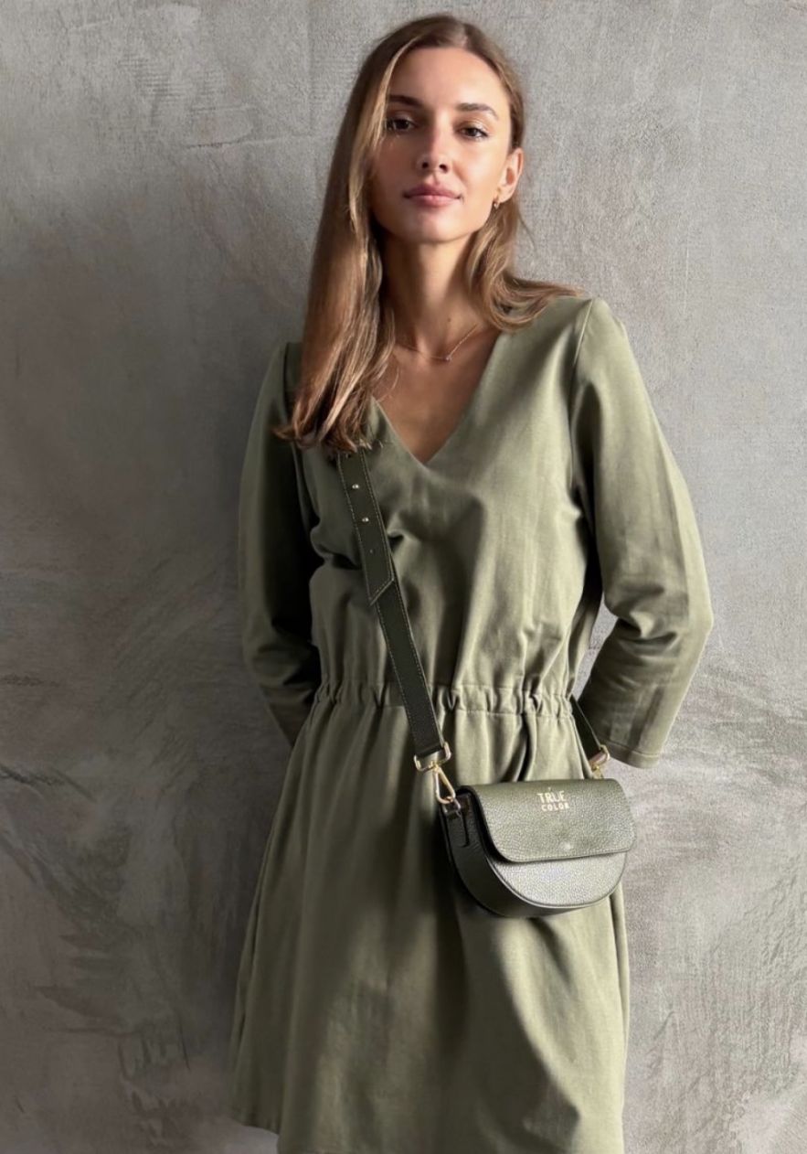 Bawełniana sukienka khaki z gumką, do kolan, 100% bawełna