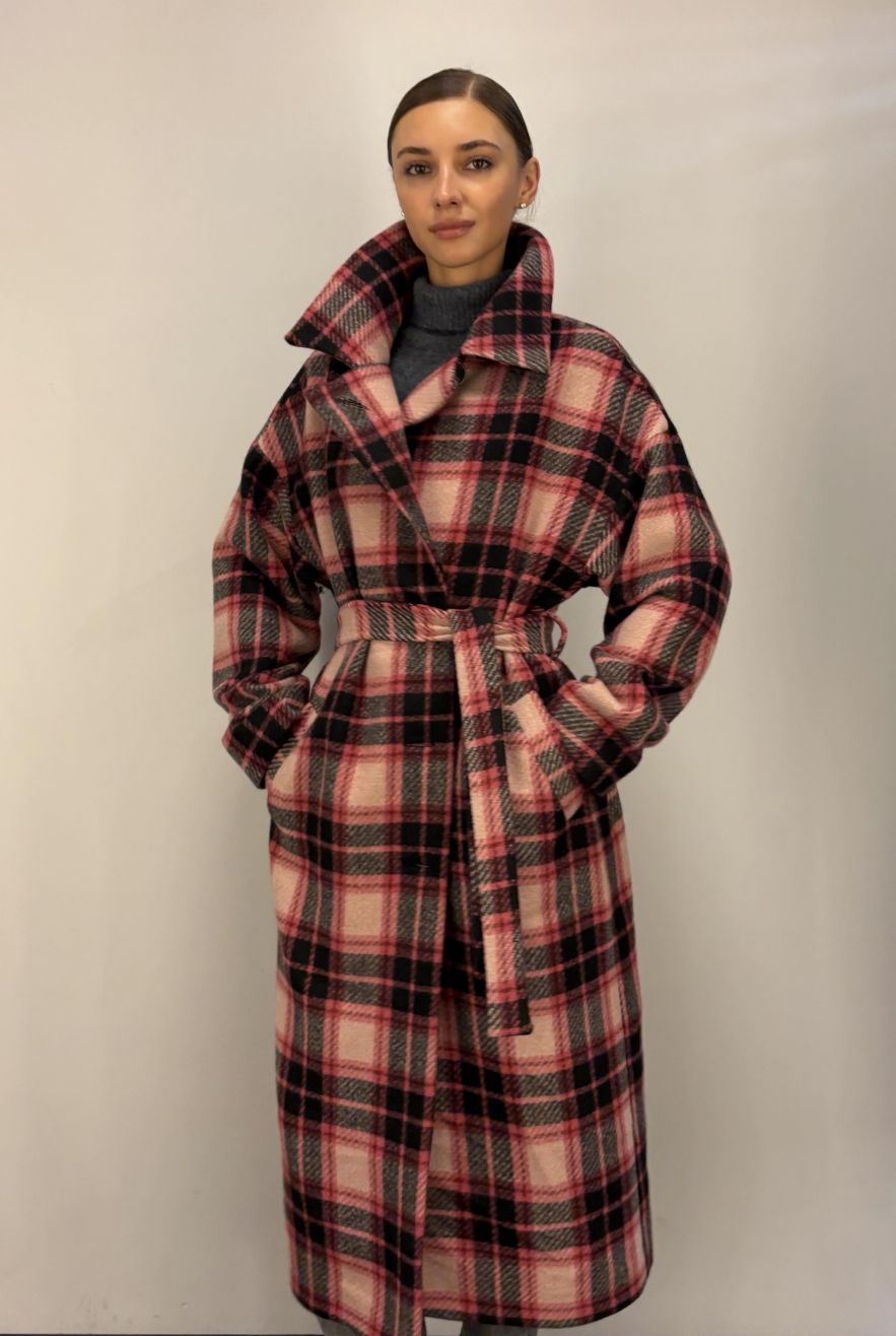 Płaszcz Wełniany Kind of Magic różowo czarno czerwona krata