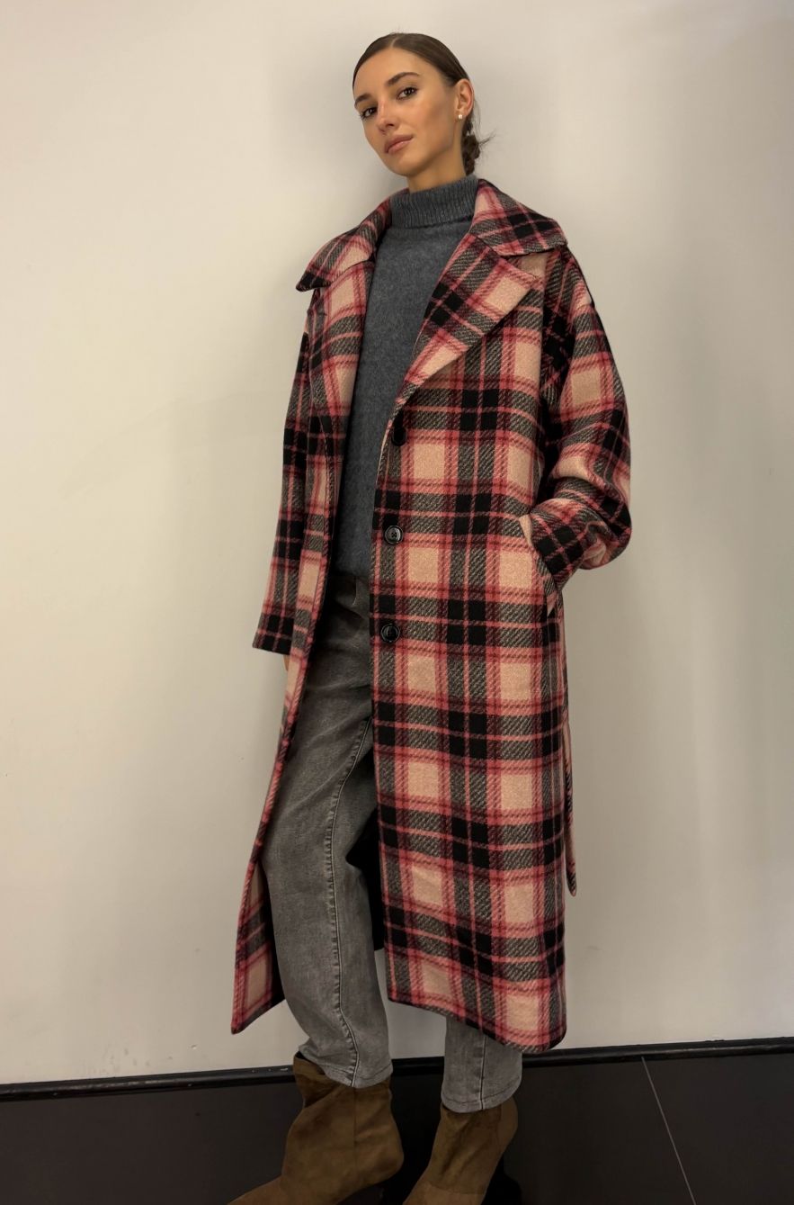 Płaszcz Wełniany Kind of Magic różowo czarno czerwona krata