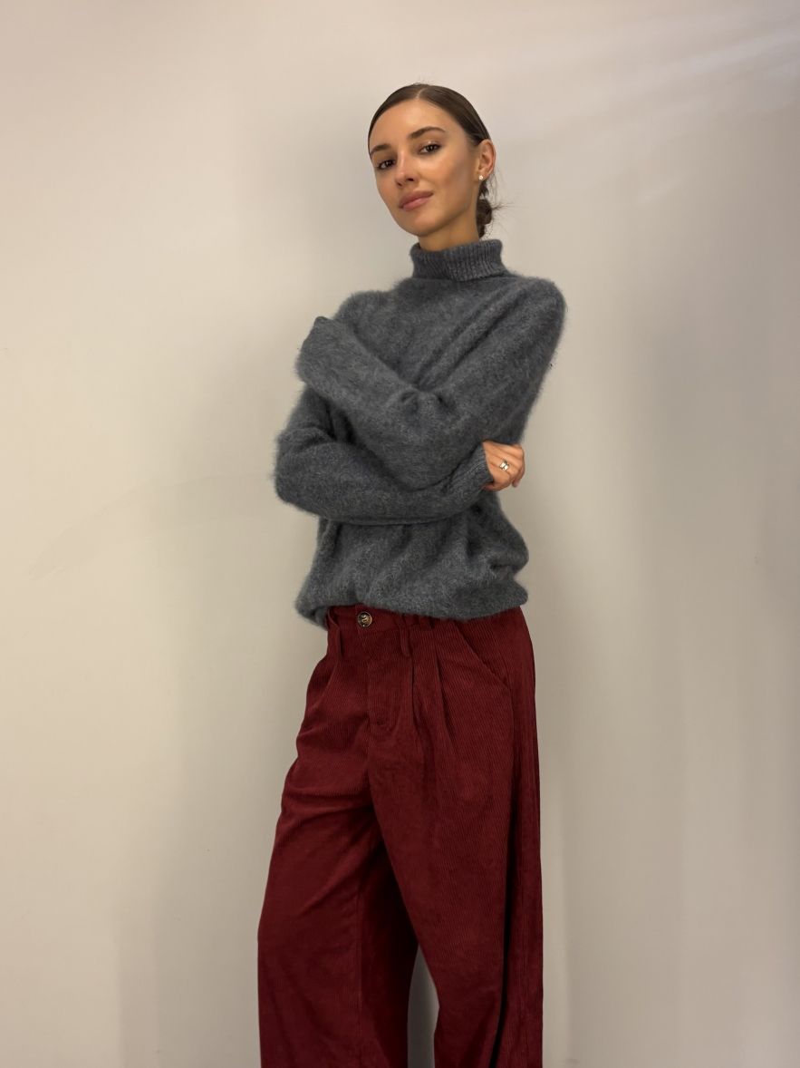 Bordo burgund karmazynowe spodnie sztruksowe szerokie z zakładkami i suwakiem