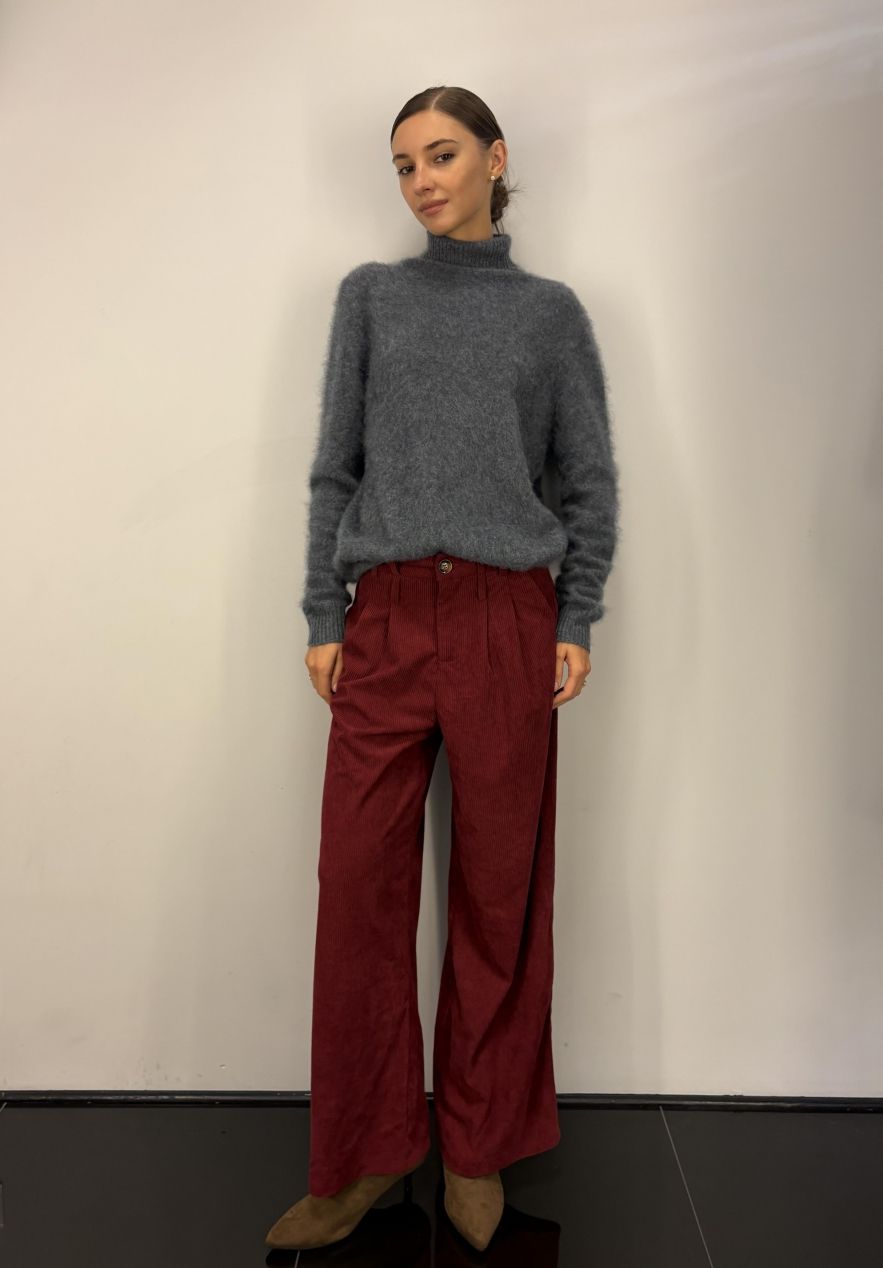 Bordo burgund karmazynowe spodnie sztruksowe szerokie z zakładkami i suwakiem
