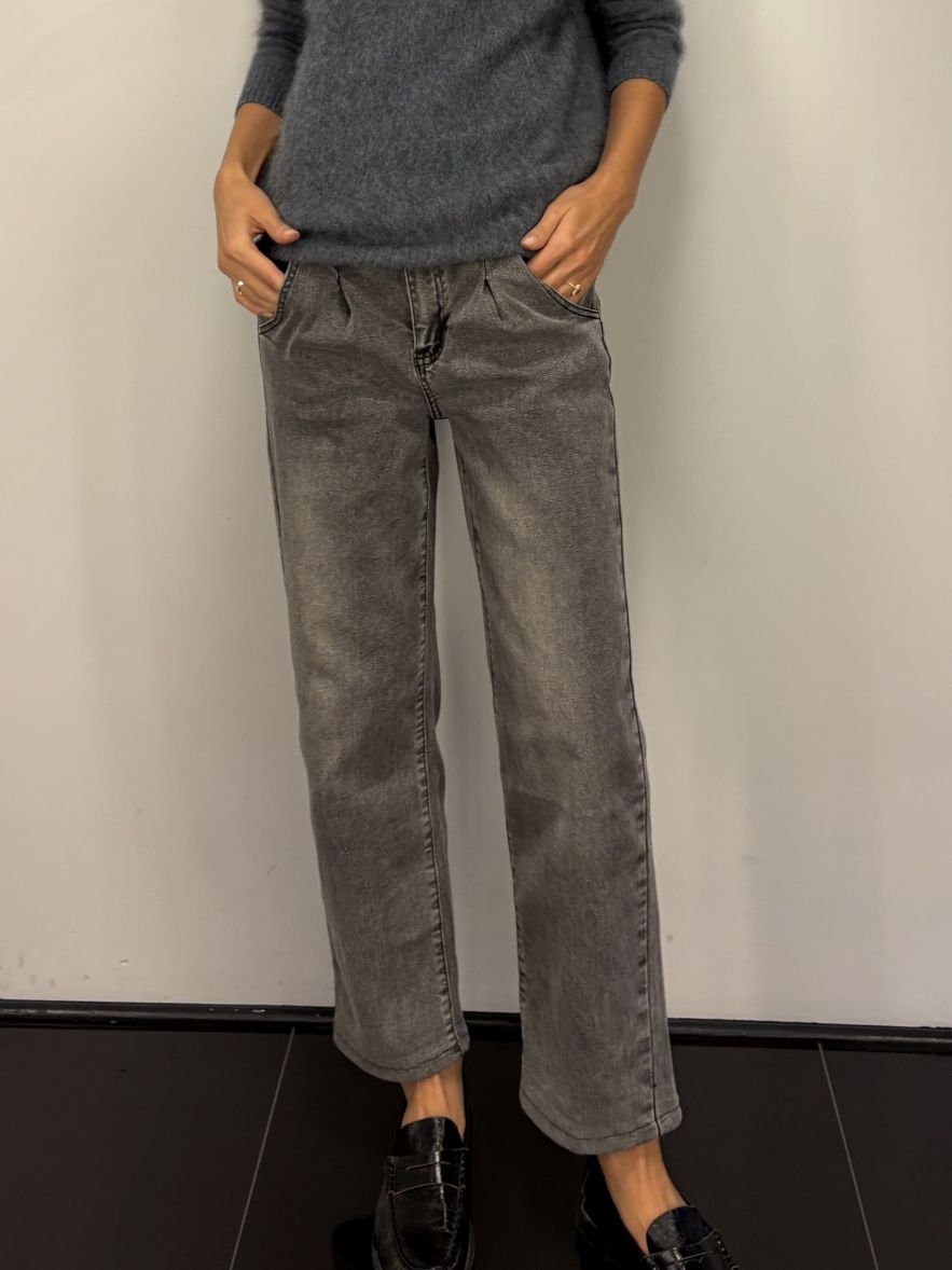 Spodnie jeansowe szaro czarne przecierane zwężane z suwakiem bawełniane