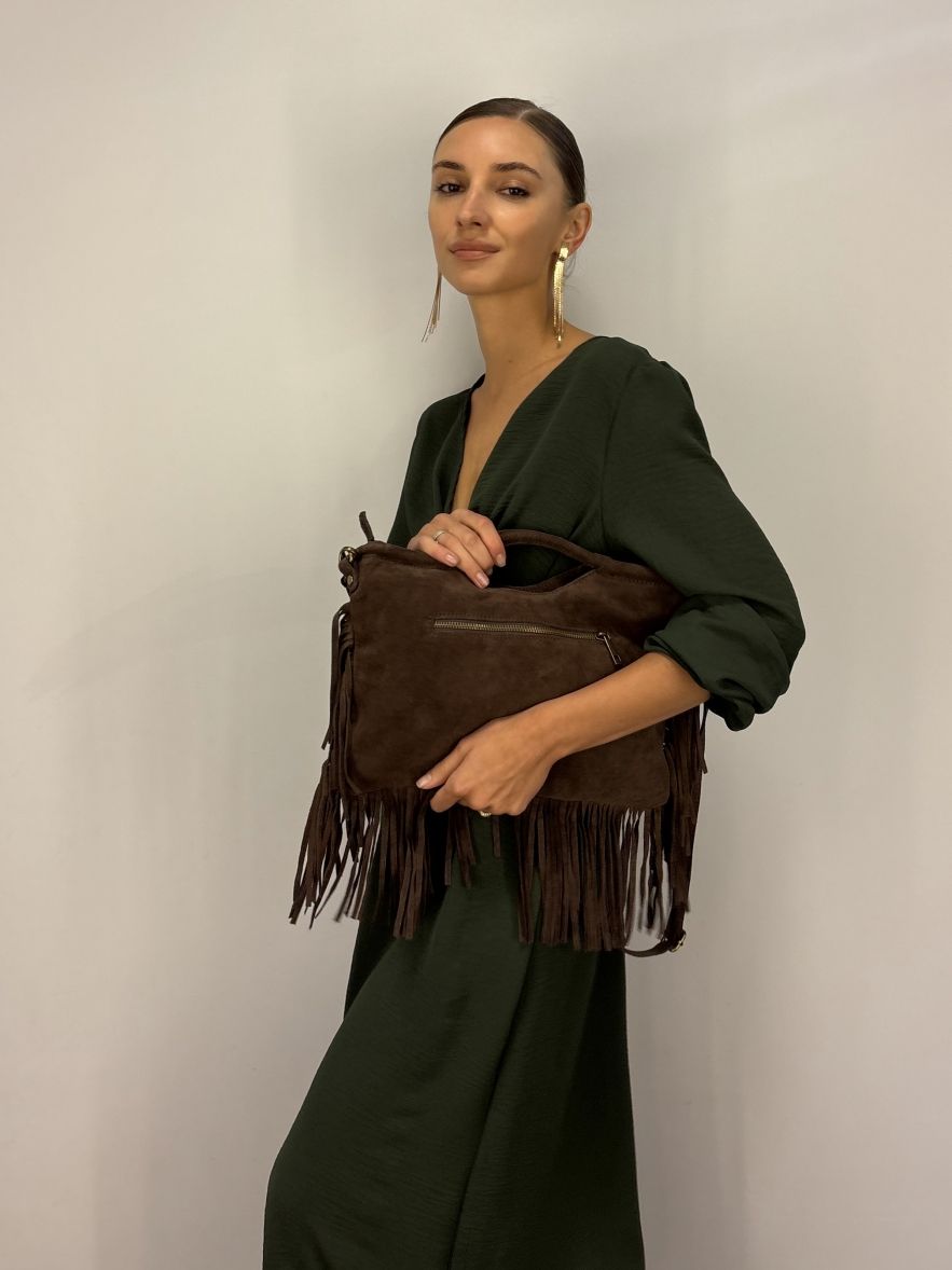 Zamszowa brązowo czekoladowa torebka z frędzlami 100% skóra naturalna