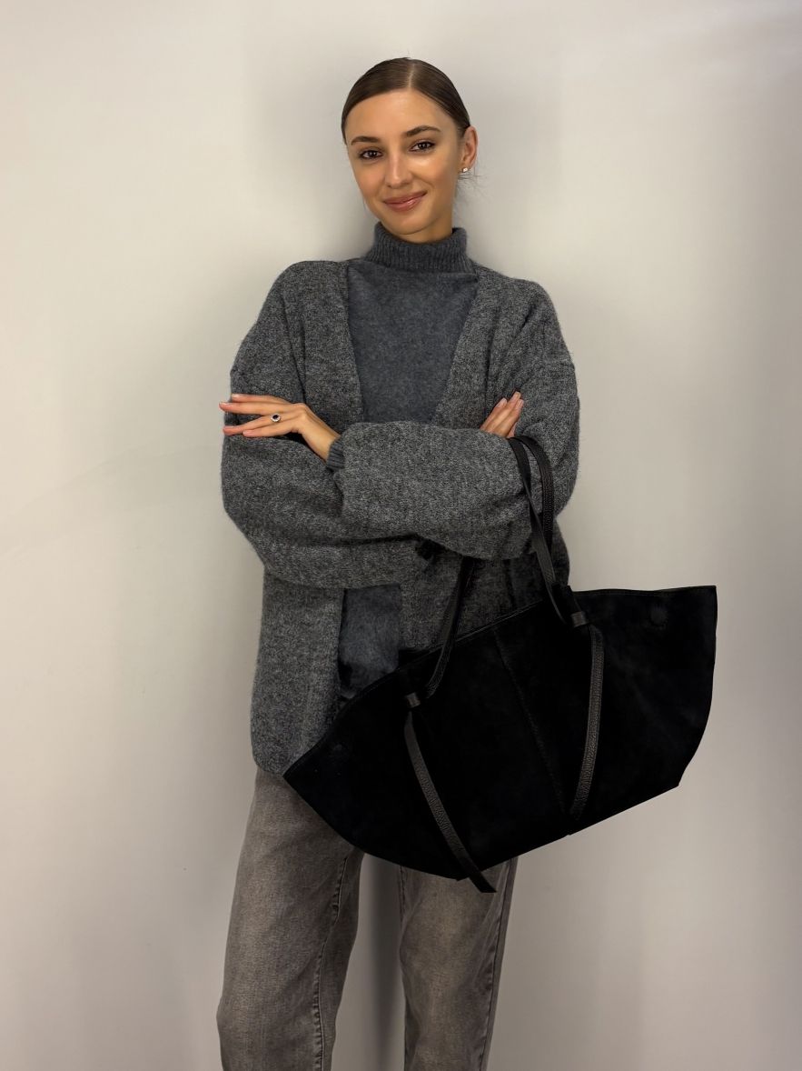 Bardzo duża torebka zamszowa czarna z podwójnymi uszami 100% skóra naturalna