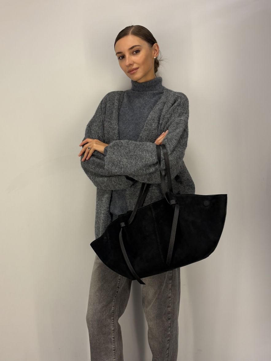 Bardzo duża torebka zamszowa czarna z podwójnymi uszami 100% skóra naturalna