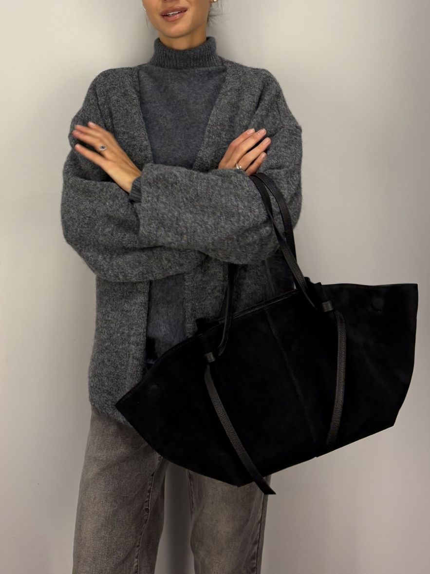 Bardzo duża torebka zamszowa czarna z podwójnymi uszami 100% skóra naturalna