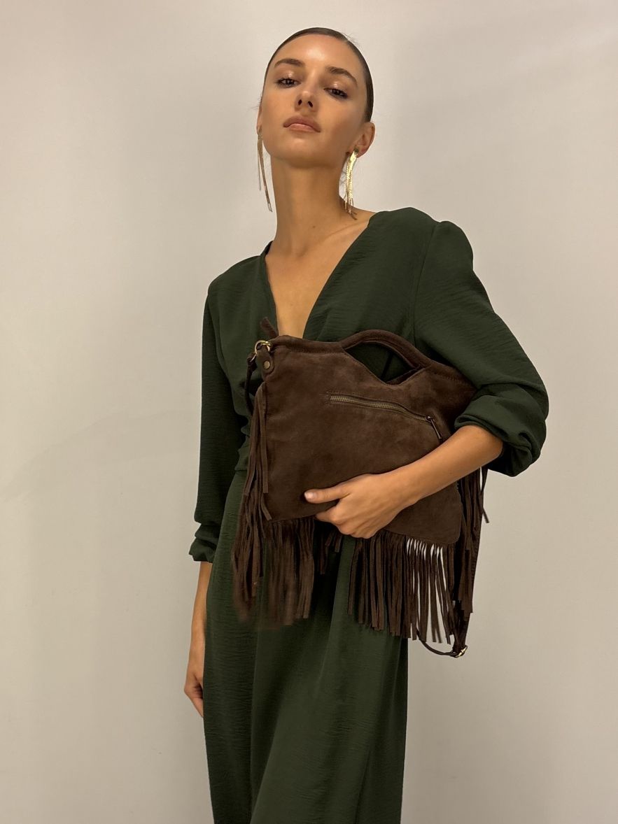 Zamszowa brązowo czekoladowa torebka z frędzlami 100% skóra naturalna