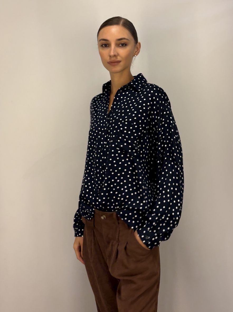 Koszula oversize My Style granatowa w białe groszki 100% wiskoza