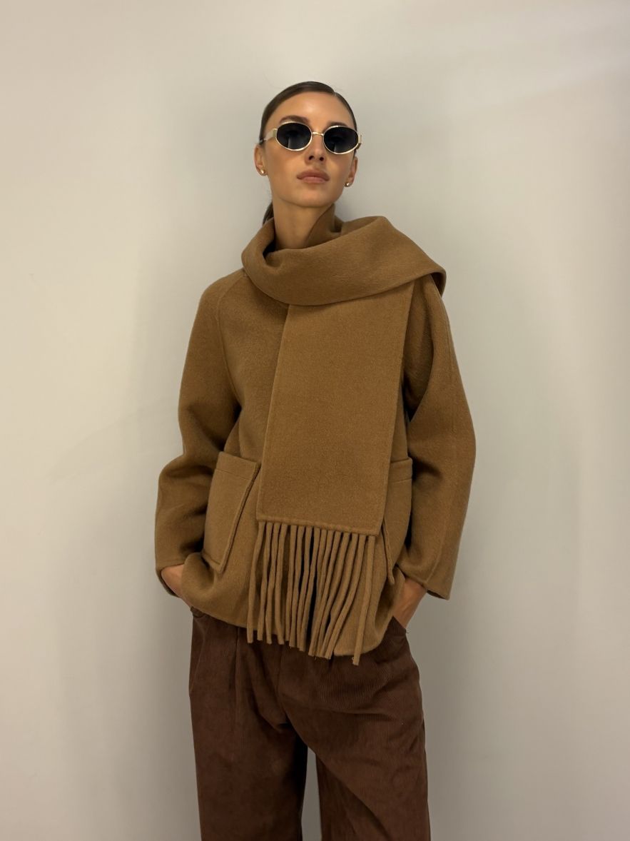 Kurtko płaszczyk wełniany camelowy karmelowy 100% Wełna z osobnym szalem w komplecie