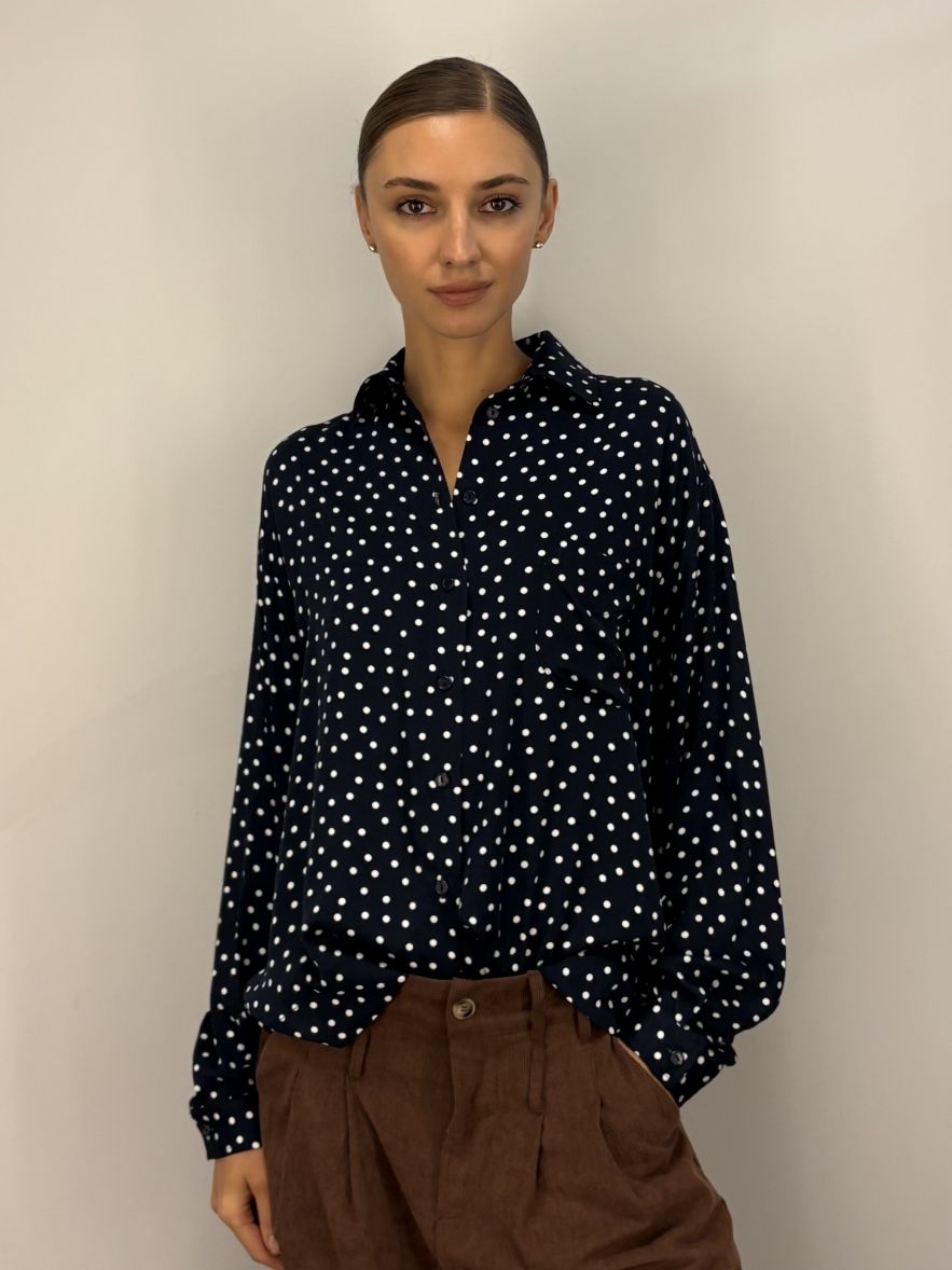 Koszula oversize My Style granatowa w białe groszki 100% wiskoza