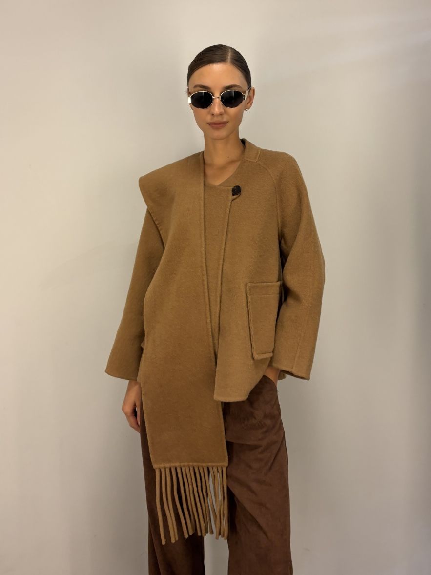 Kurtko płaszczyk wełniany camelowy karmelowy 100% Wełna z osobnym szalem w komplecie