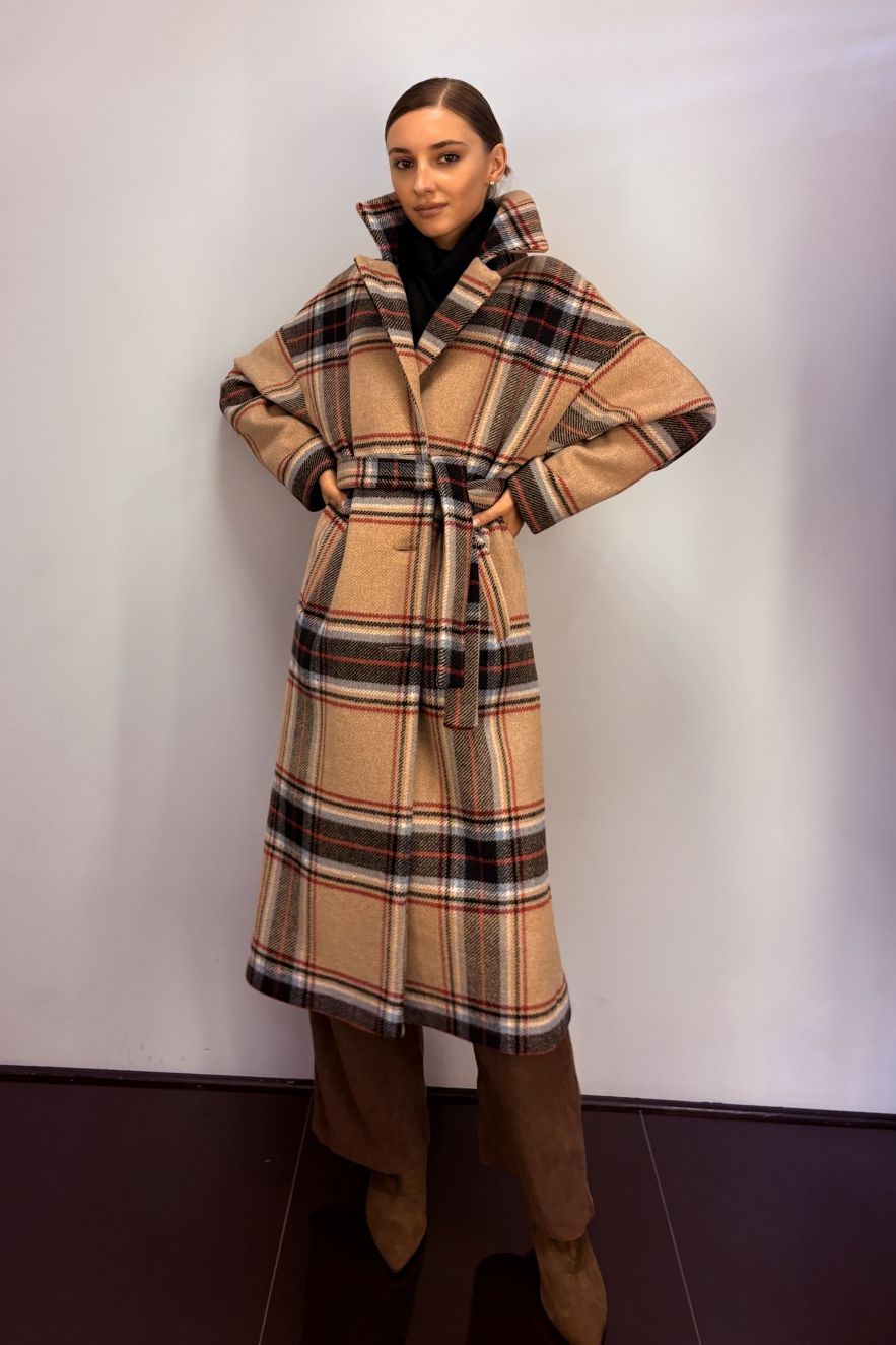 Gruby wełniany zimowy płaszcz w kratę wełna 100%