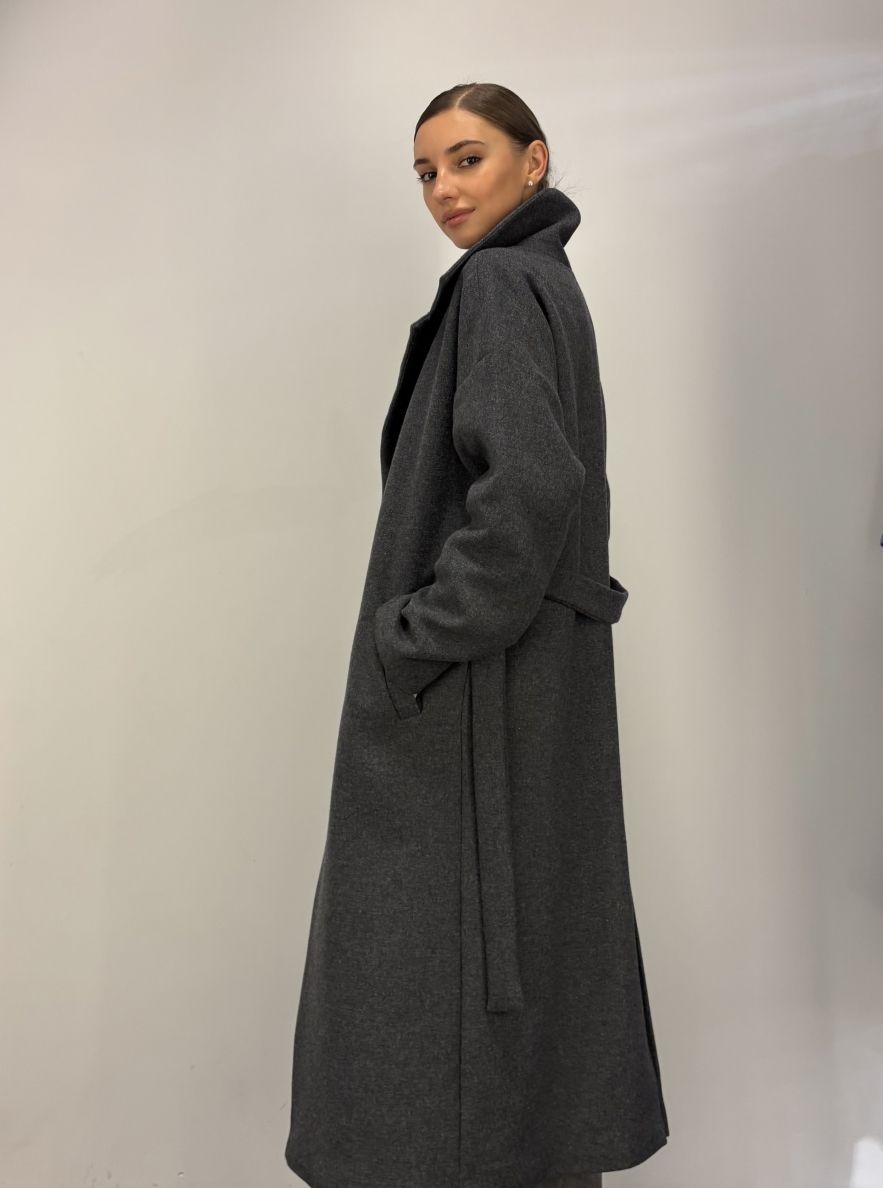 Płaszcz szary przejściowy wełniany maxi oversize Kind of Magic 100% wełna