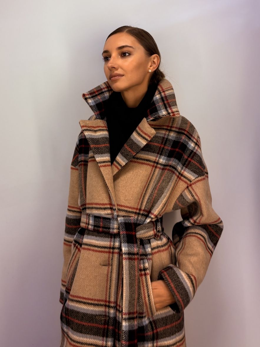 Gruby wełniany zimowy płaszcz w kratę wełna 100%