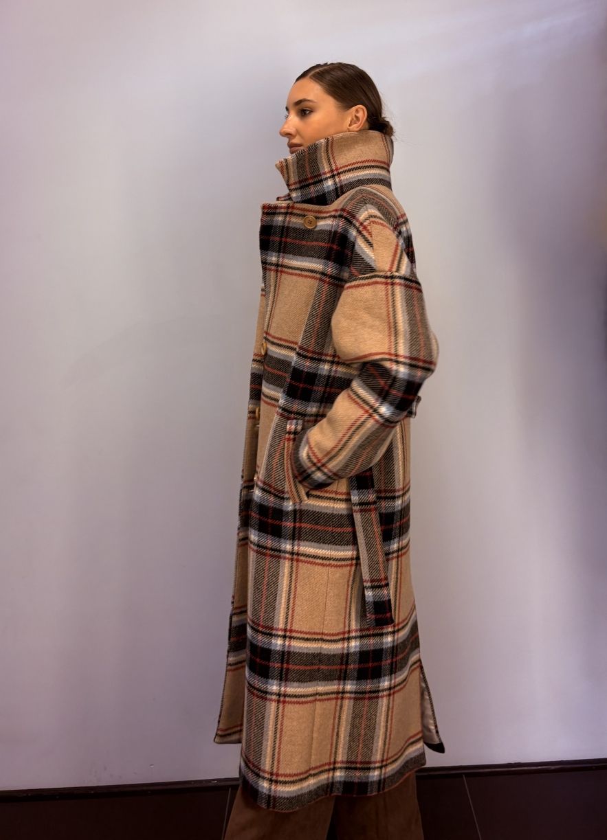 Gruby wełniany zimowy płaszcz w kratę wełna 100%