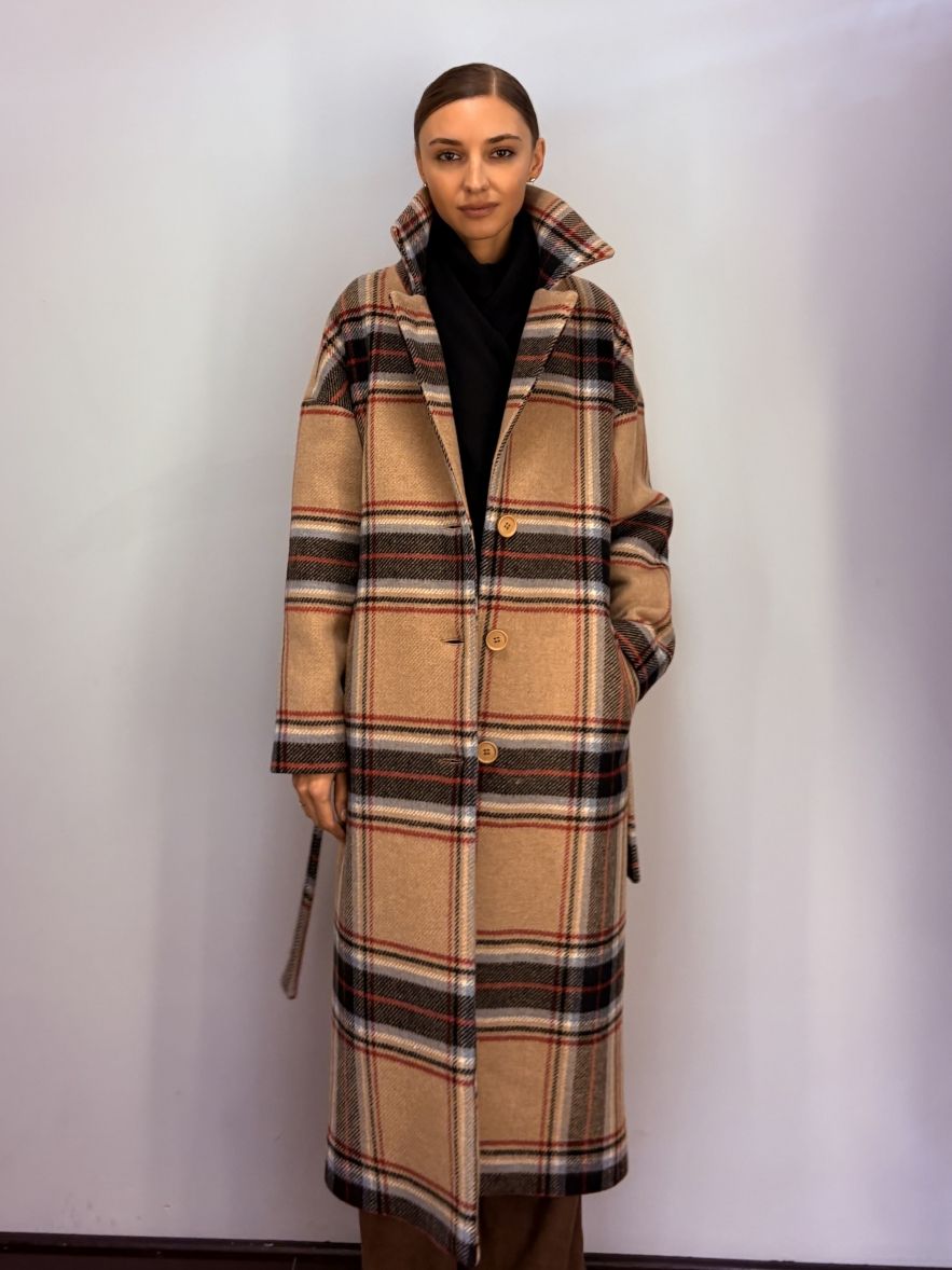 Gruby wełniany zimowy płaszcz w kratę wełna 100%