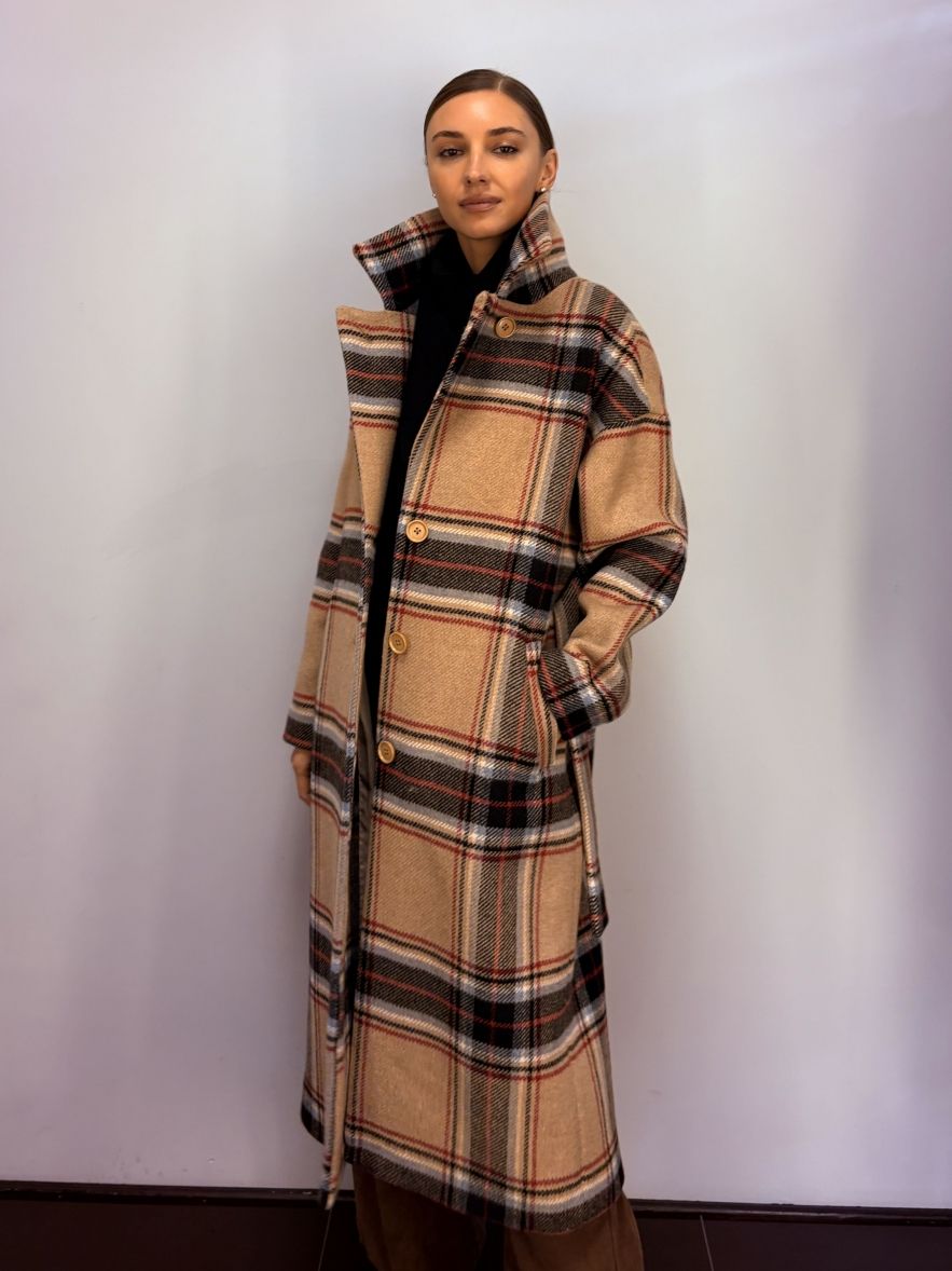 Gruby wełniany zimowy płaszcz w kratę wełna 100%