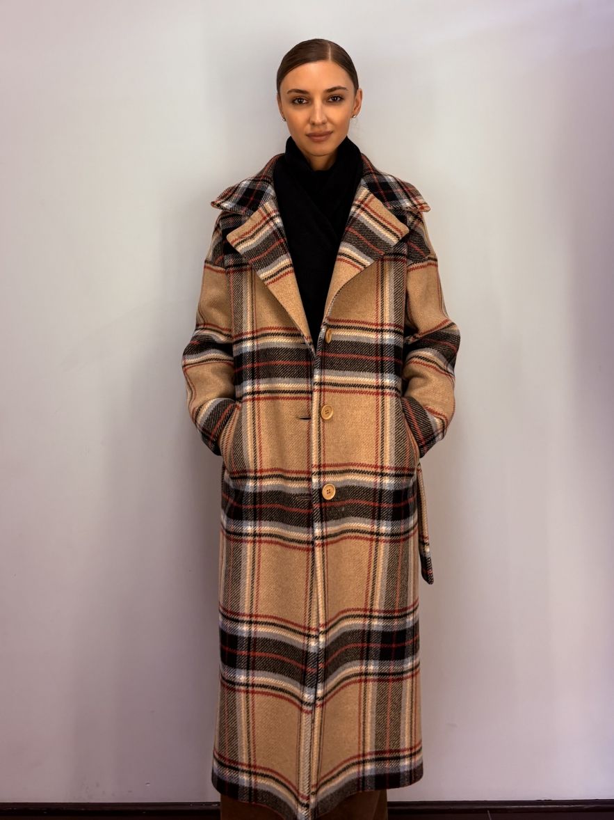 Gruby wełniany zimowy płaszcz w kratę wełna 100%