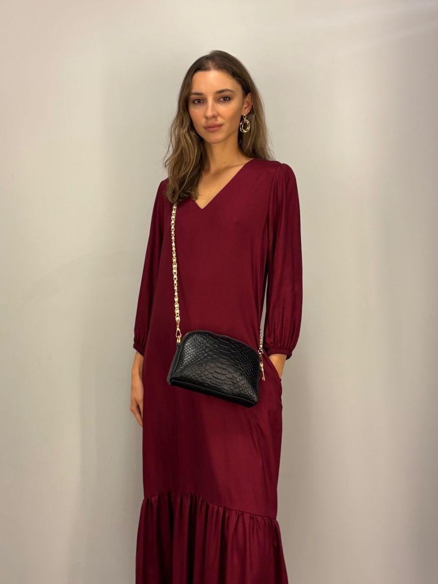 Jedwabno-wiskozowa sukienka wiśniowa bordowa CELEBRATION z falbaną i paskiem