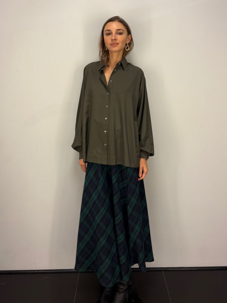 Zielono-granatowa spódnica maxi w kratę z wełną