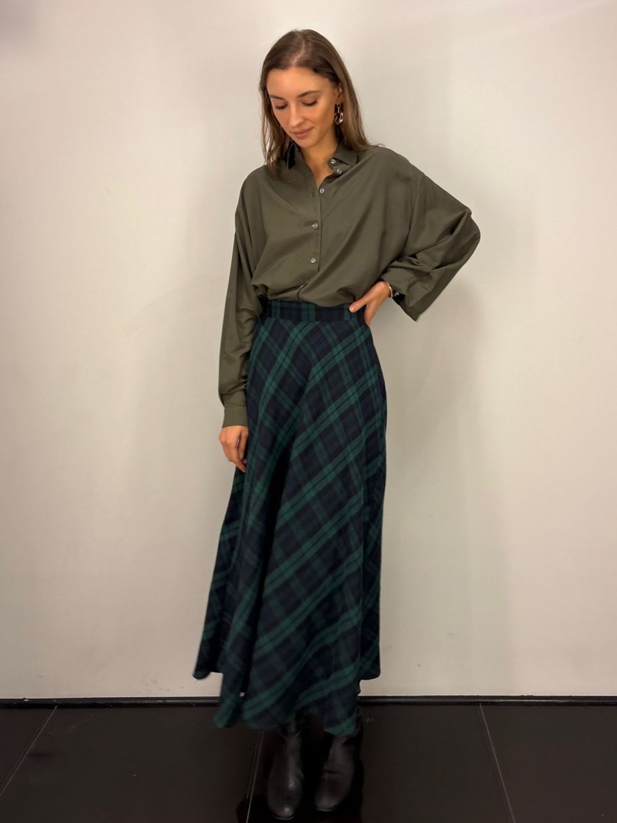 Zielono-granatowa spódnica maxi w kratę z wełną