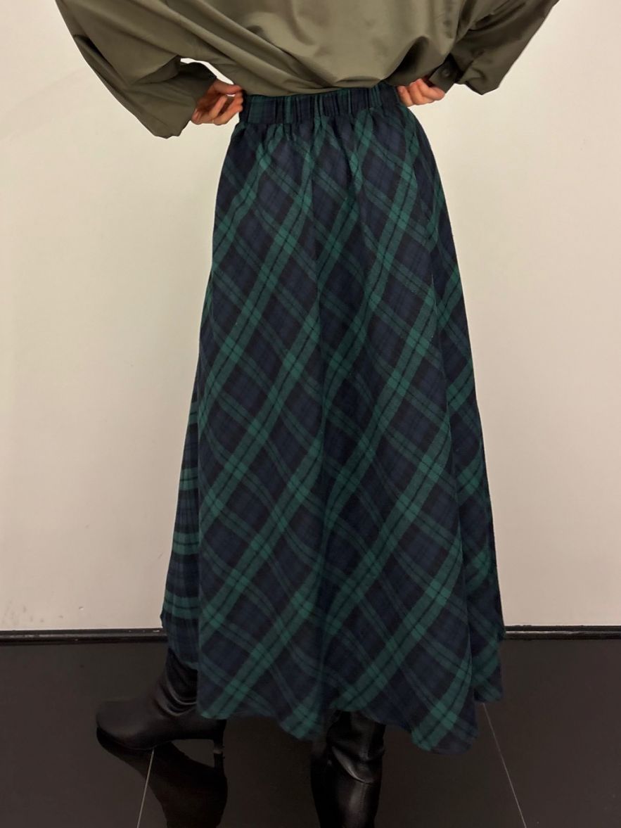 Zielono-granatowa spódnica maxi w kratę z wełną