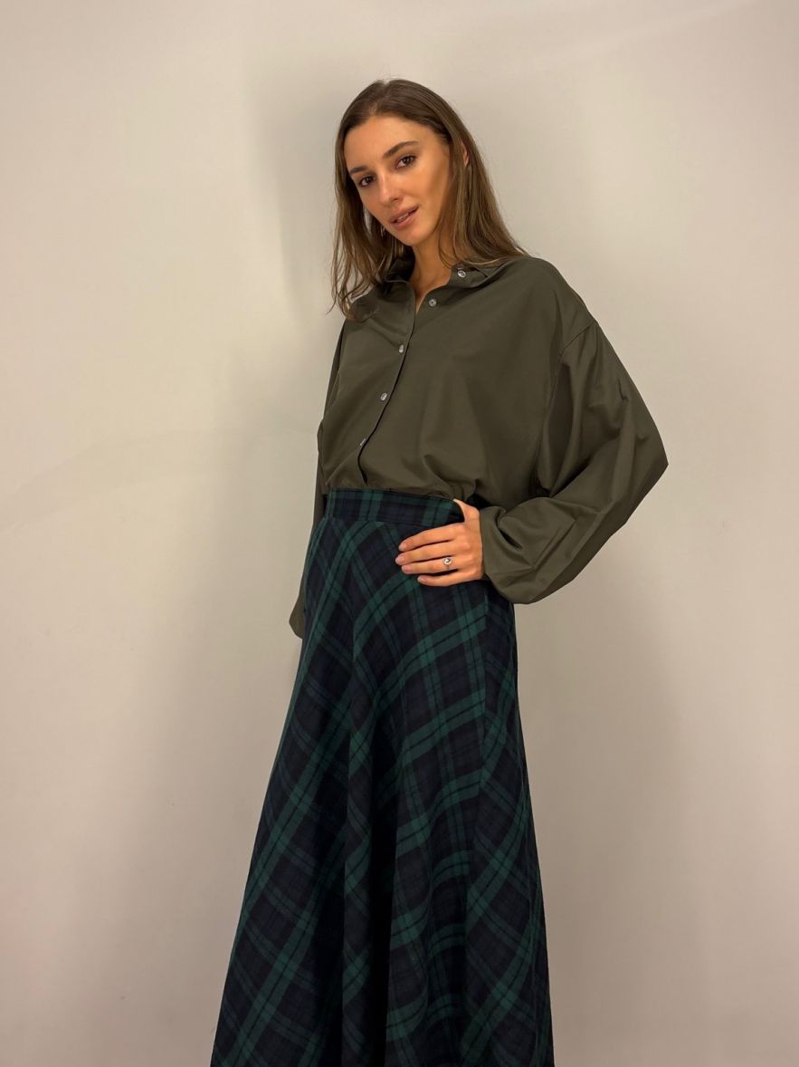 Zielono-granatowa spódnica maxi w kratę z wełną
