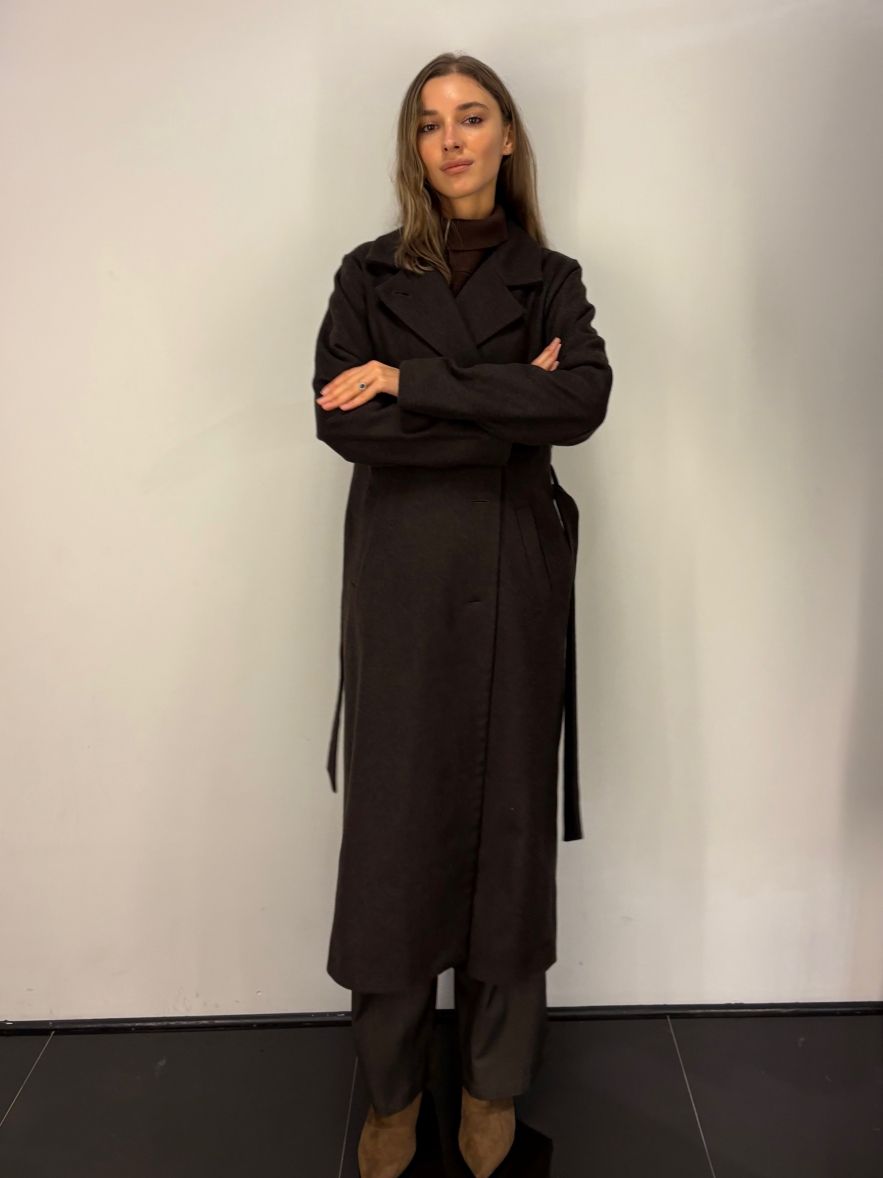 Płaszcz wełniany ciepła czekolada wąski wyszczuplający DREAM