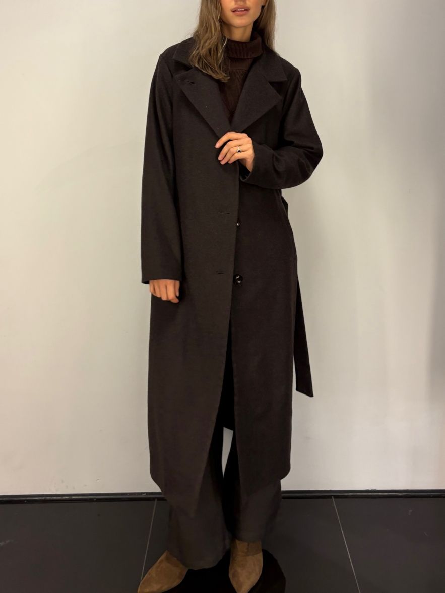Płaszcz wełniany ciepła czekolada wąski wyszczuplający DREAM