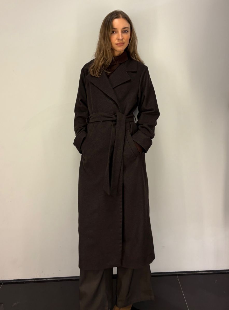 Płaszcz wełniany ciepła czekolada wąski wyszczuplający DREAM