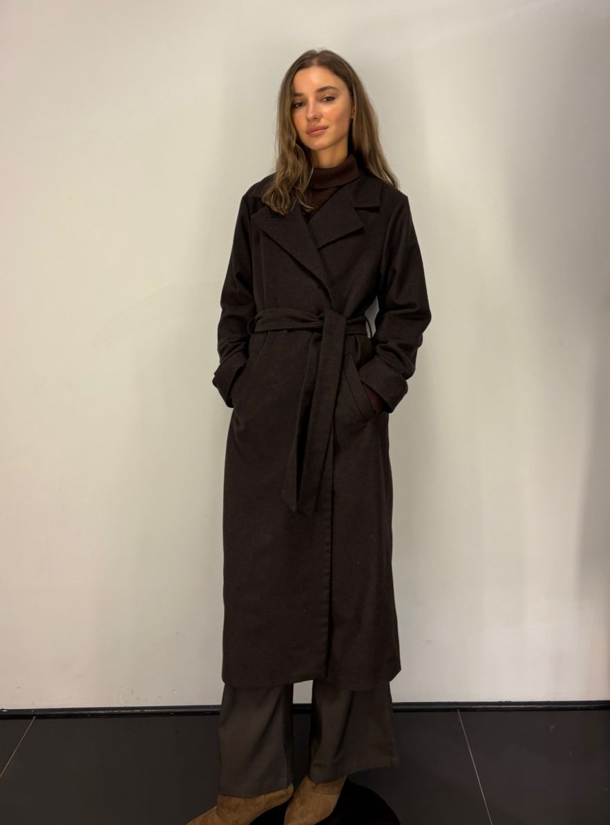 Płaszcz wełniany ciepła czekolada wąski wyszczuplający DREAM