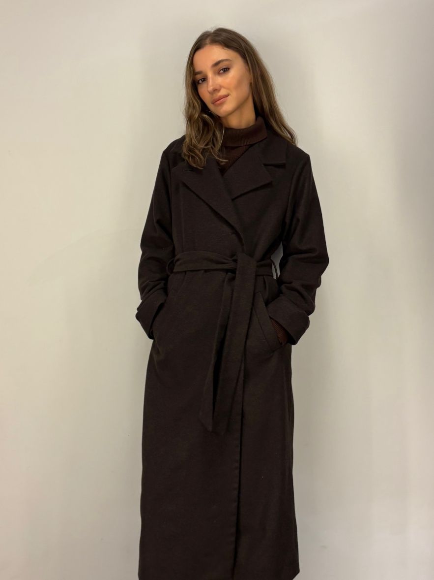 Płaszcz wełniany ciepła czekolada wąski wyszczuplający DREAM