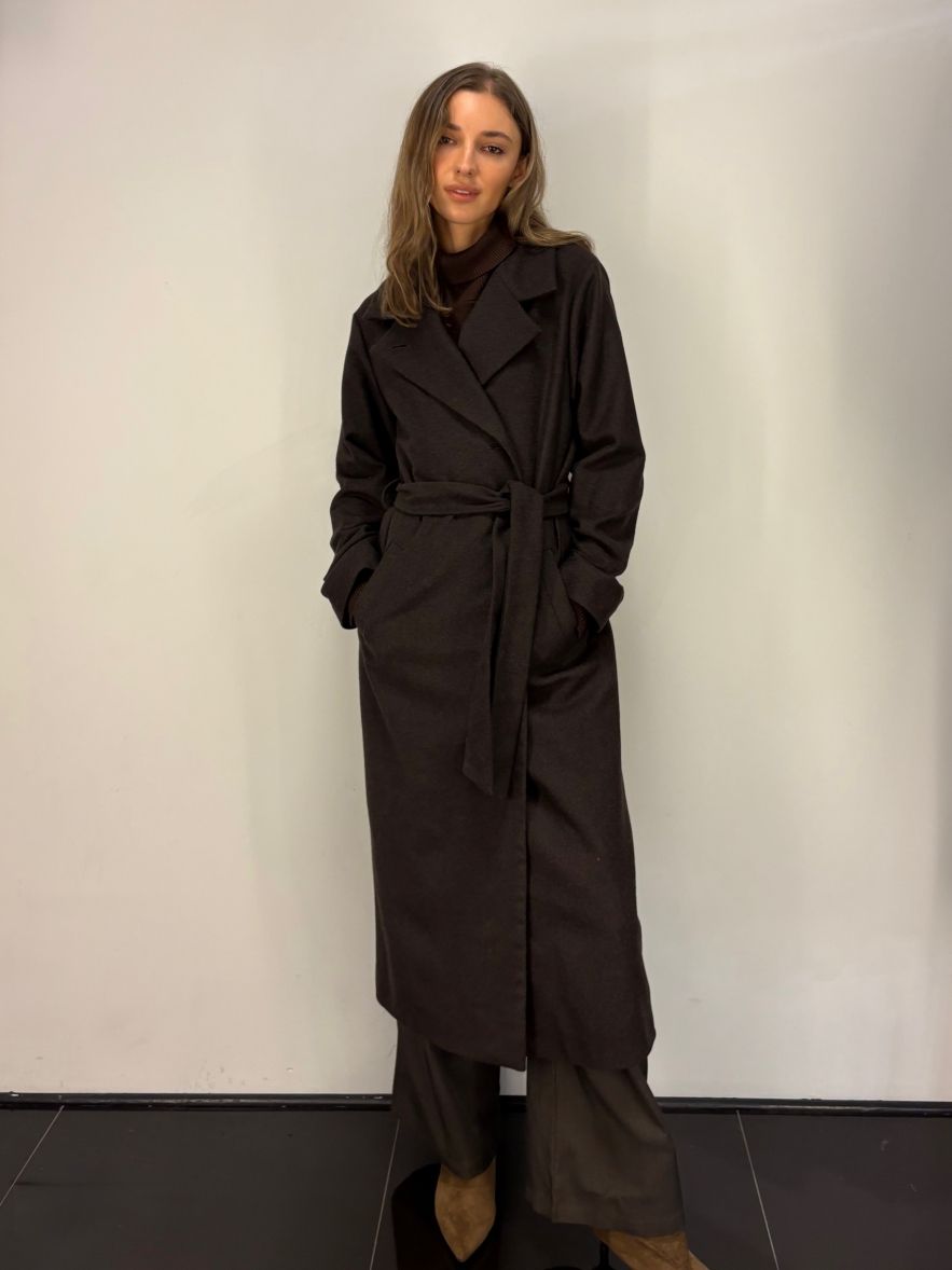 Płaszcz wełniany ciepła czekolada wąski wyszczuplający DREAM