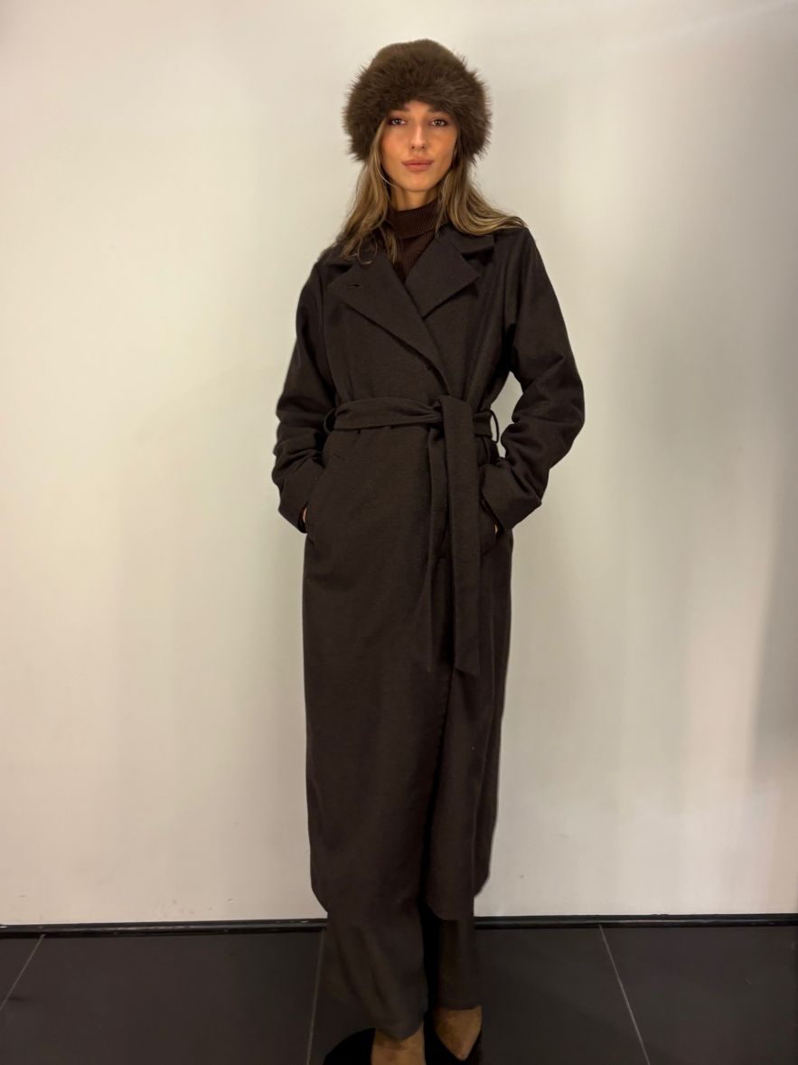 Płaszcz wełniany ciepła czekolada wąski wyszczuplający DREAM